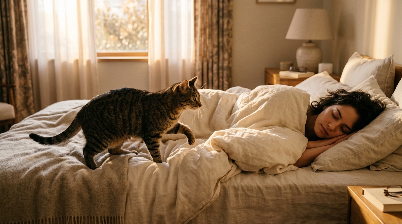 Chat grimpant sur le lit au réveil de sa maîtresse