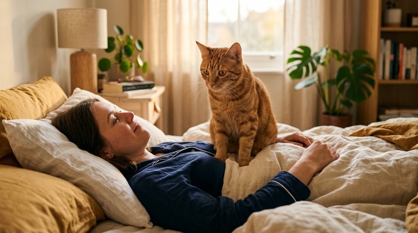 Chat observant intensément le visage de son humain endormi