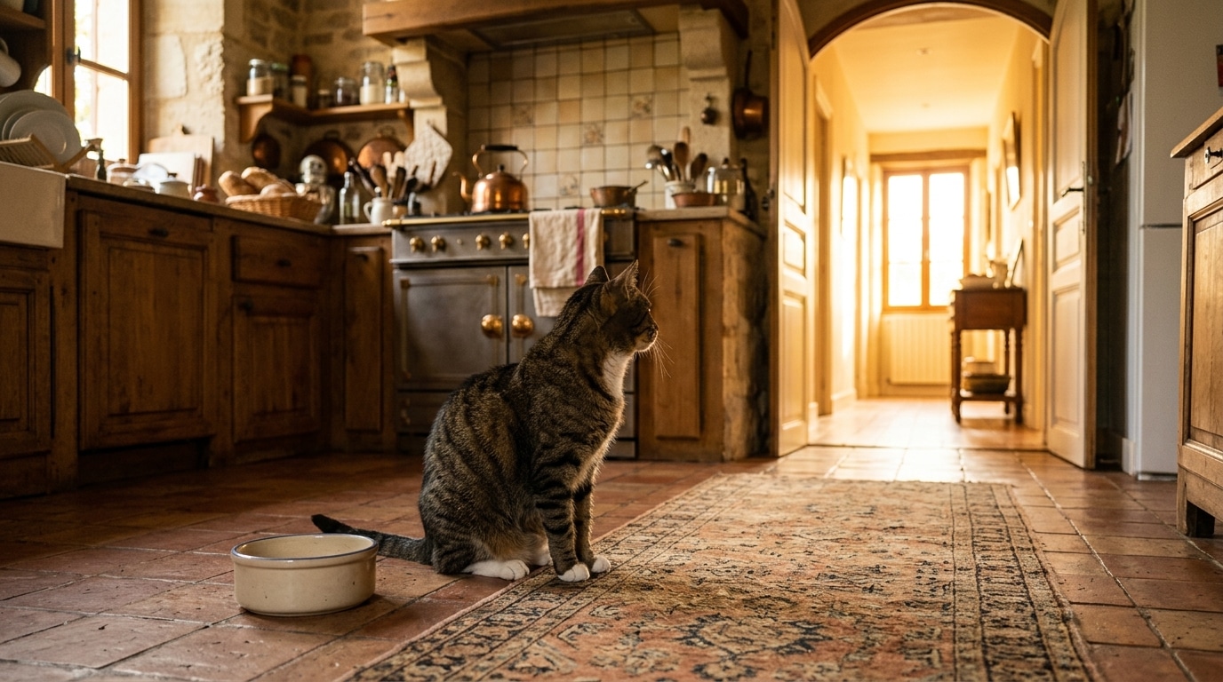 Chat attendant near sa gamelle vide le matin