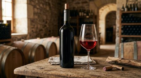 Bouteille de rouge et verre rubis sur table en bois