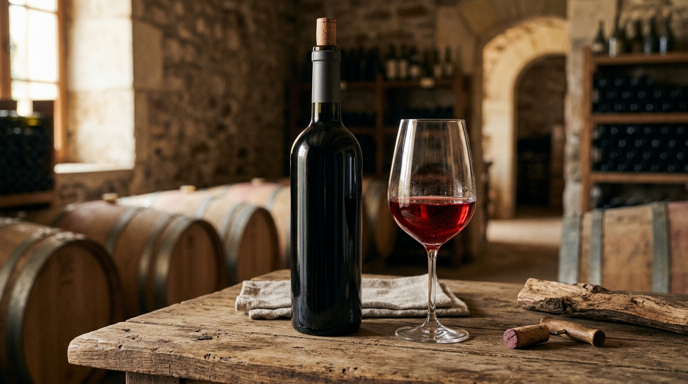 Bouteille de rouge et verre rubis sur table en bois