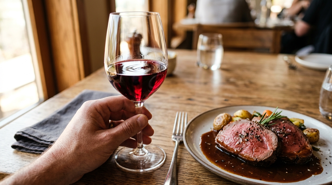 Main tenant un verre de vin près d'une viande en sauce