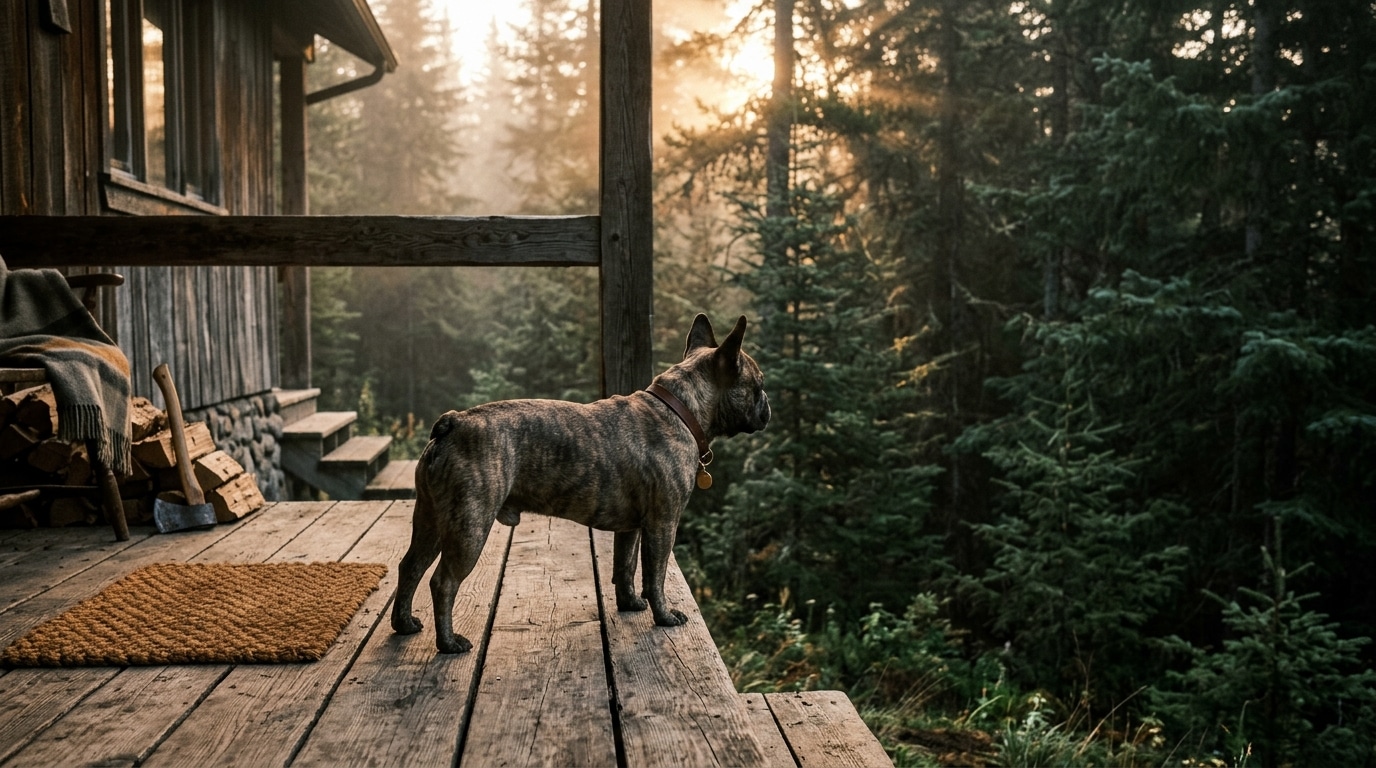 Bouledogue français debout face à une forêt