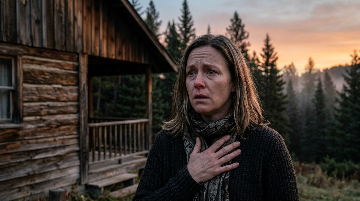 Femme bouleversée devant un ranch en bois