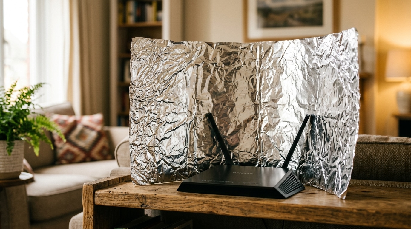 Feuille d'aluminium pliée derrière un routeur Wi-Fi
