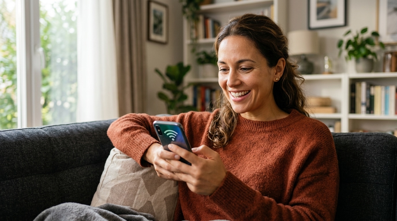 Personne satisfaite devant son téléphone et son signal Wi-Fi
