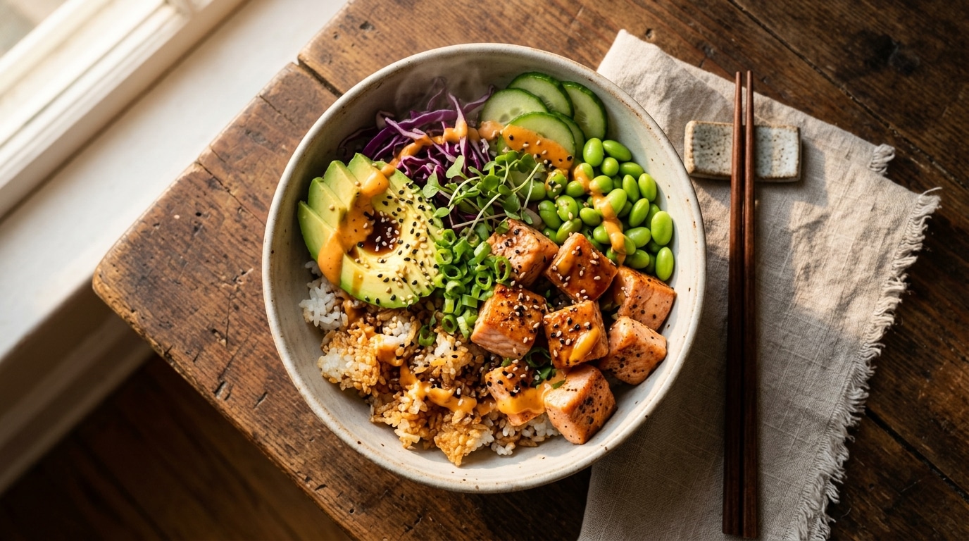 Bowl de saumon avec riz croustillant doré et légumes frais