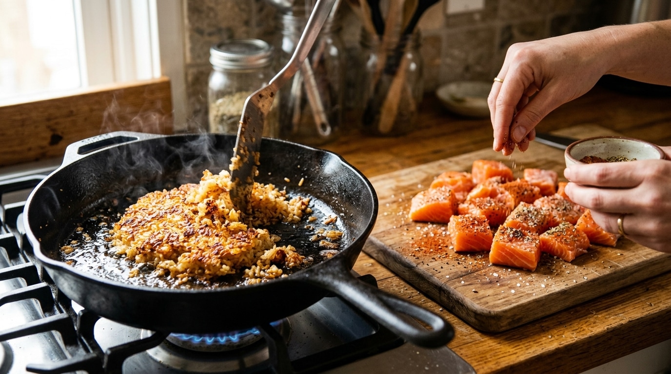 Riz croustillant doré à la poêle près du saumon en cubes