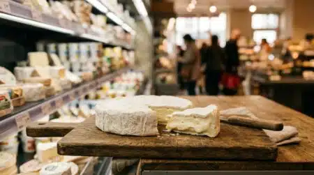Meule de brie entamée sur planche en bois