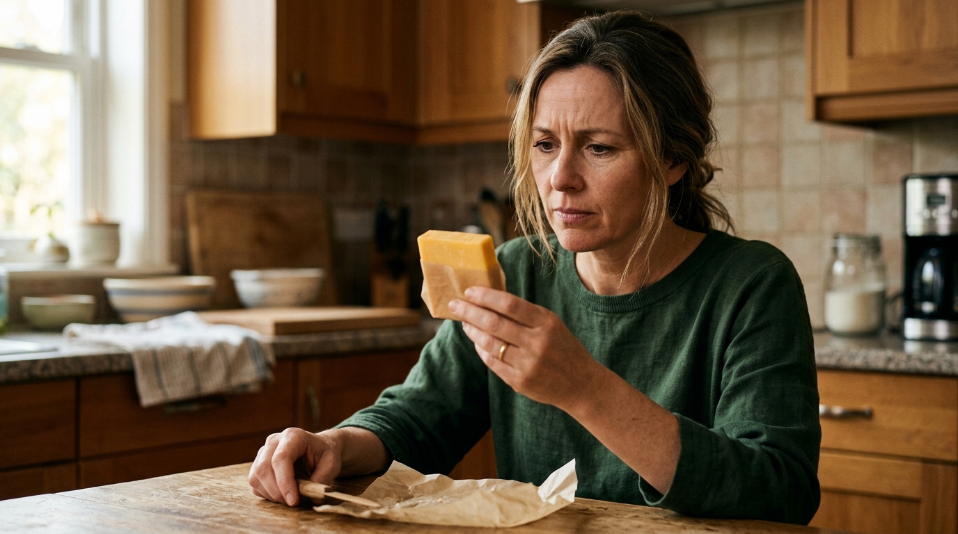 Femme regardant avec inquiétude un morceau de fromage
