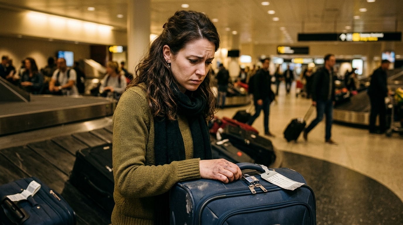 Voyageur inquiet devant sa valise cadenassée à l'aéroport