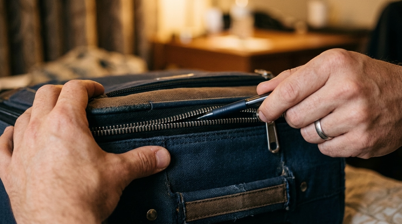 Un stylo utilisé pour ouvrir une fermeture éclair de valise