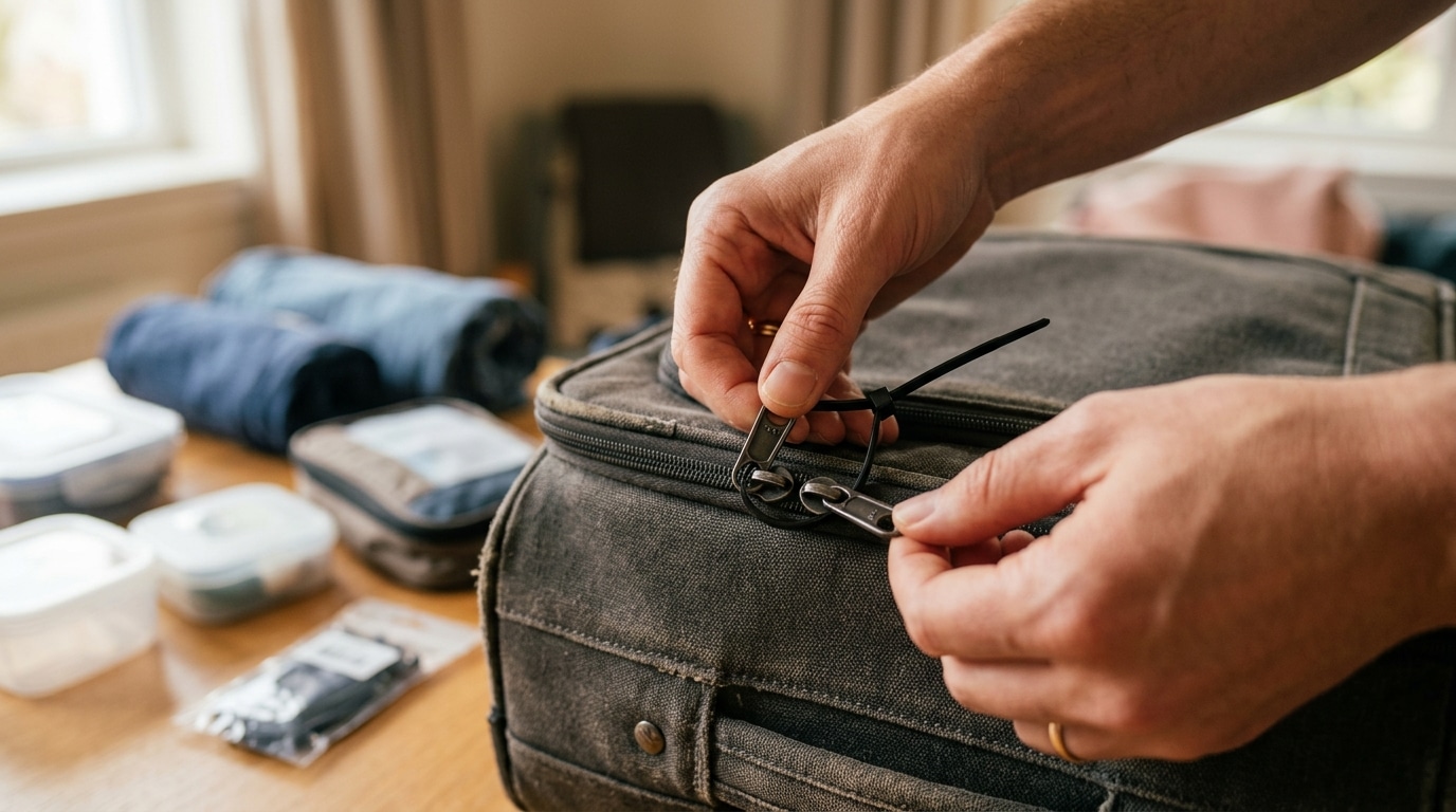 Collier de serrage attaché sur les tirettes d'une valise