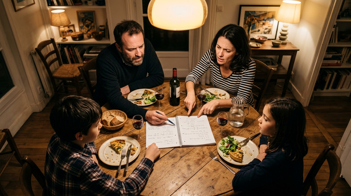 Famille discutant autour d'un calcul mathématique à table