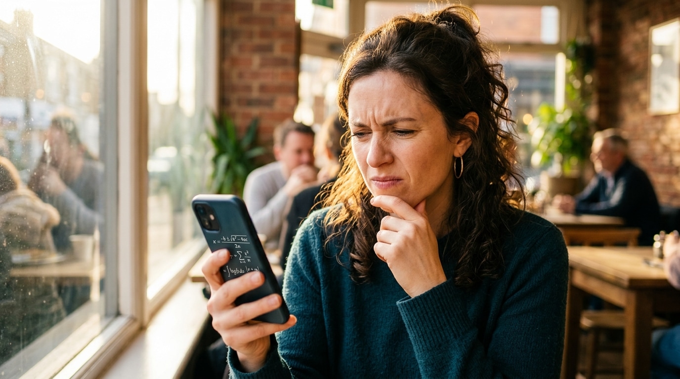Femme perplexe devant un calcul mathématique sur smartphone