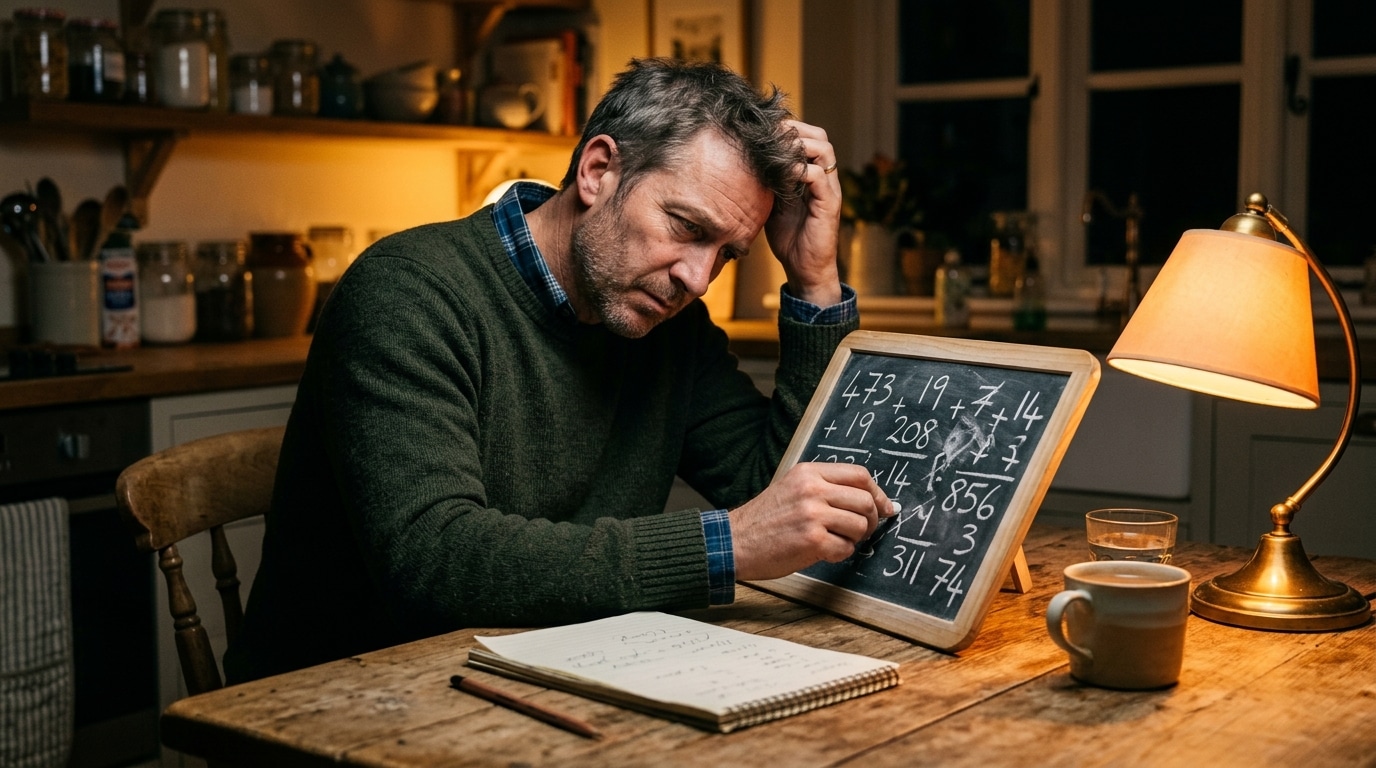 Homme réfléchissant à un calcul sur tableau noir en cuisine