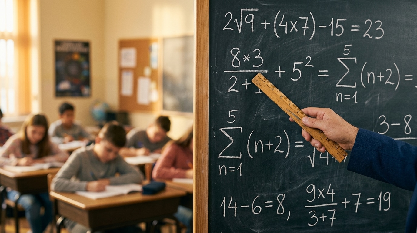 Règle en bois pointant vers des symboles mathématiques au tableau