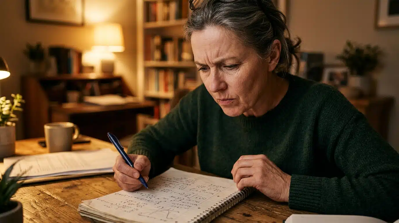 Personne perplexe devant un calcul mathématique écrit