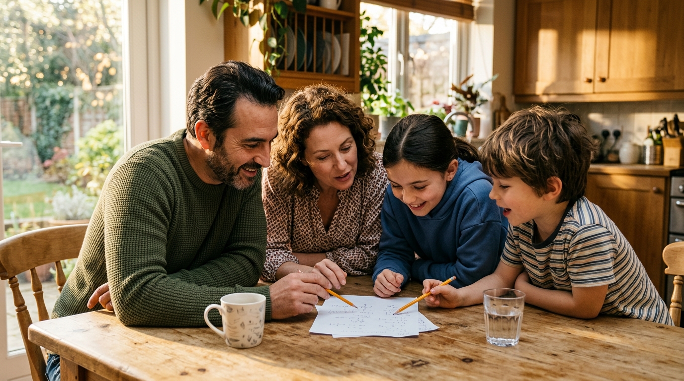 Famille résolvant ensemble une énigme de calcul à table
