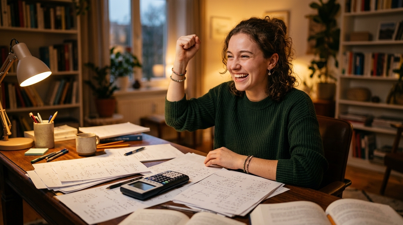 Jeune adulte souriant après avoir résolu le calcul