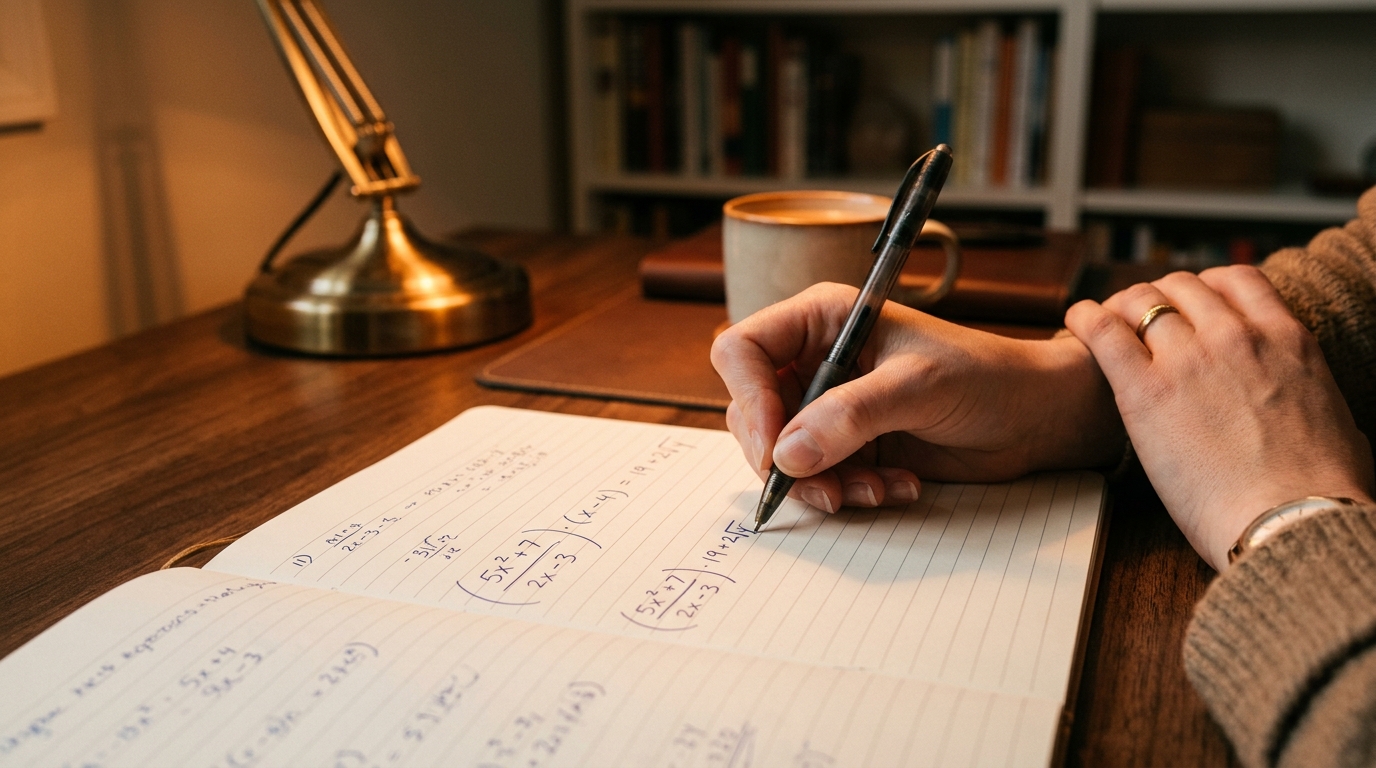 Main écrivant une équation avec parenthèses sur un cahier