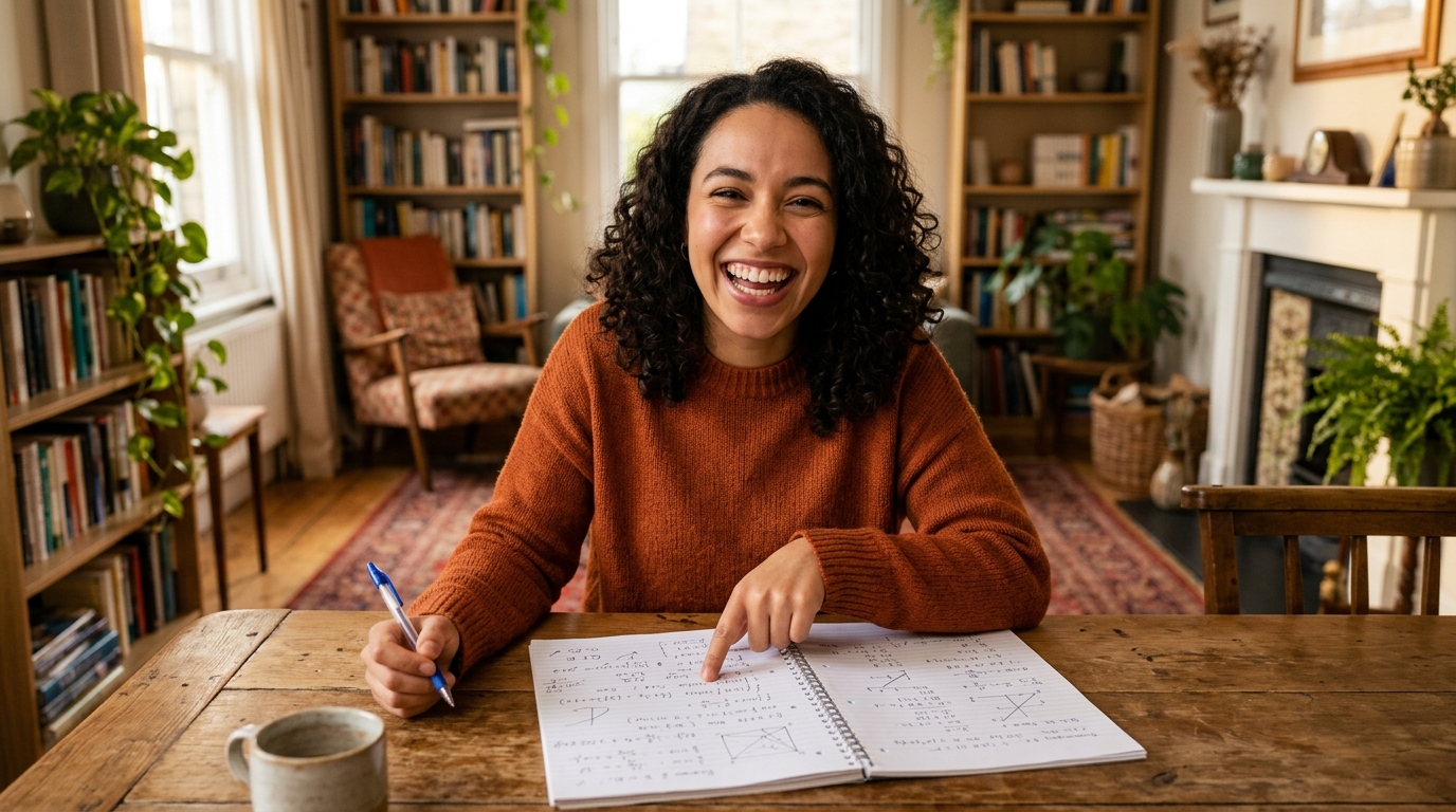 Personne souriante ayant résolu l'énigme de calcul