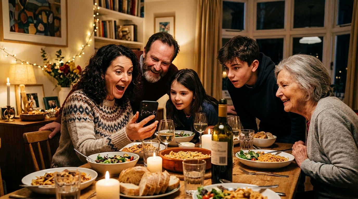 Famille surprise devant un calcul sur smartphone à table