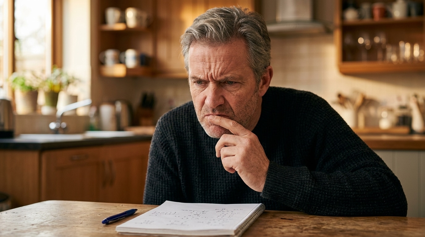 Homme concentré résolvant un calcul mental à la maison