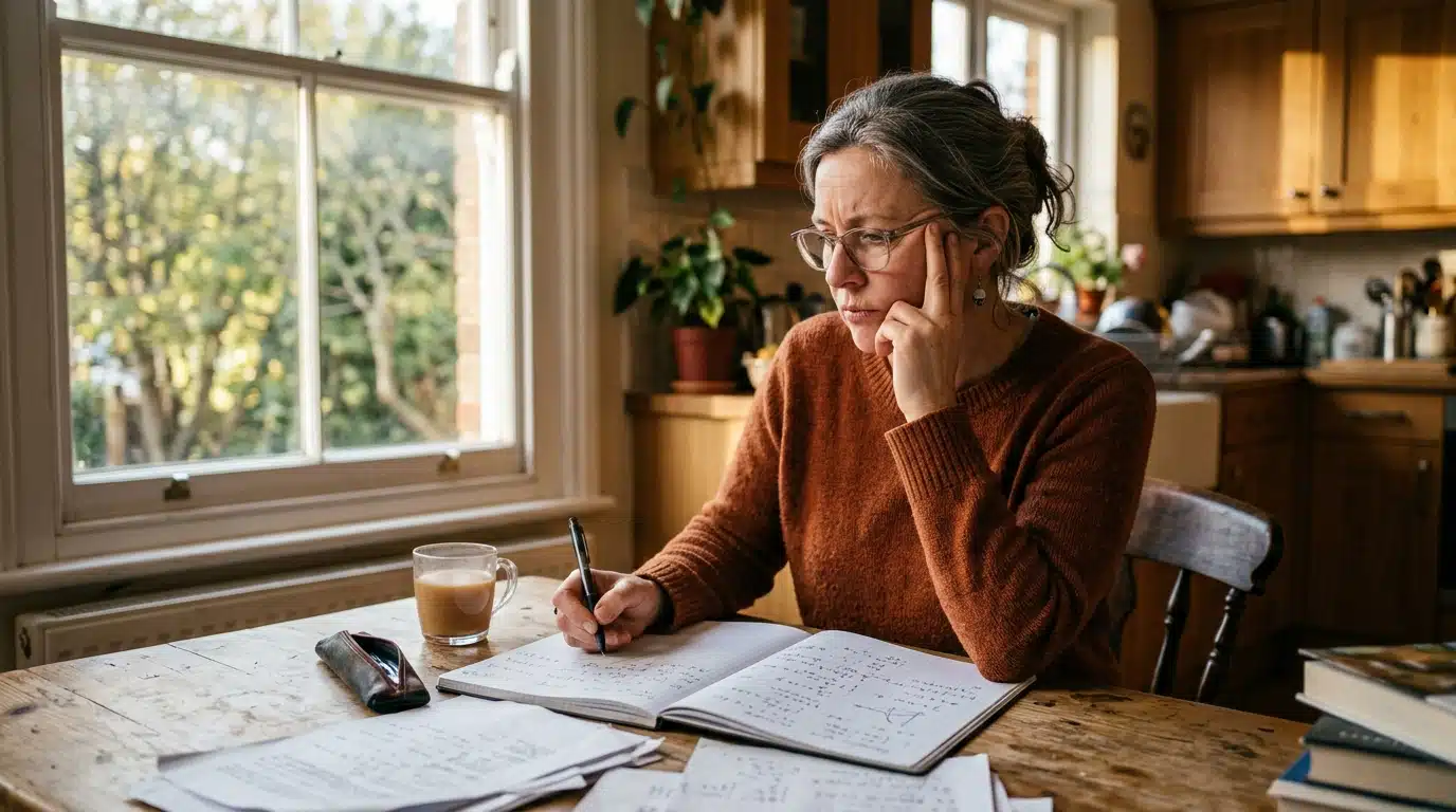 Personne perplexe devant un calcul mathématique sur cahier