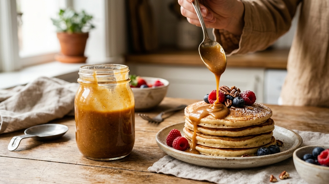 Caramel de dattes doré versé sur des pancakes