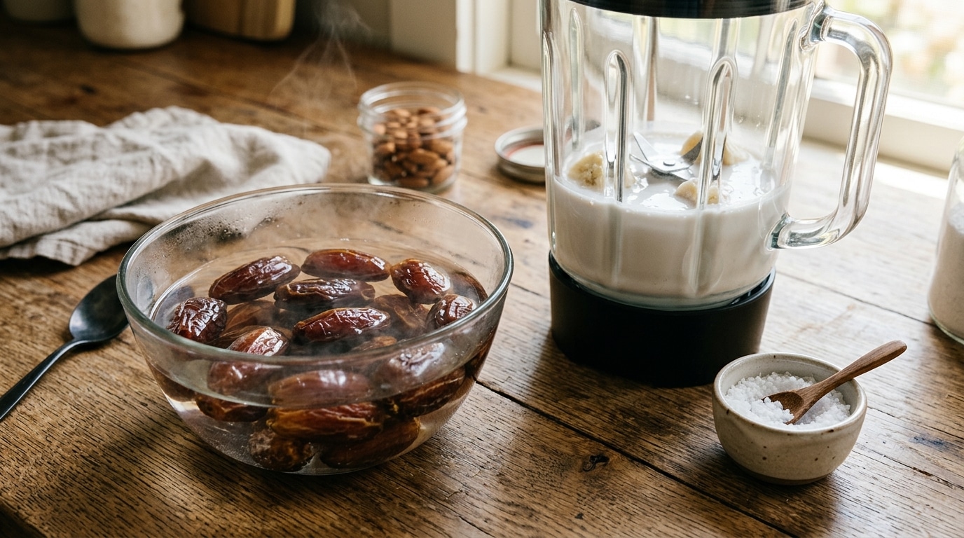 Dattes Medjool trempées près d'un blender et de lait de coco