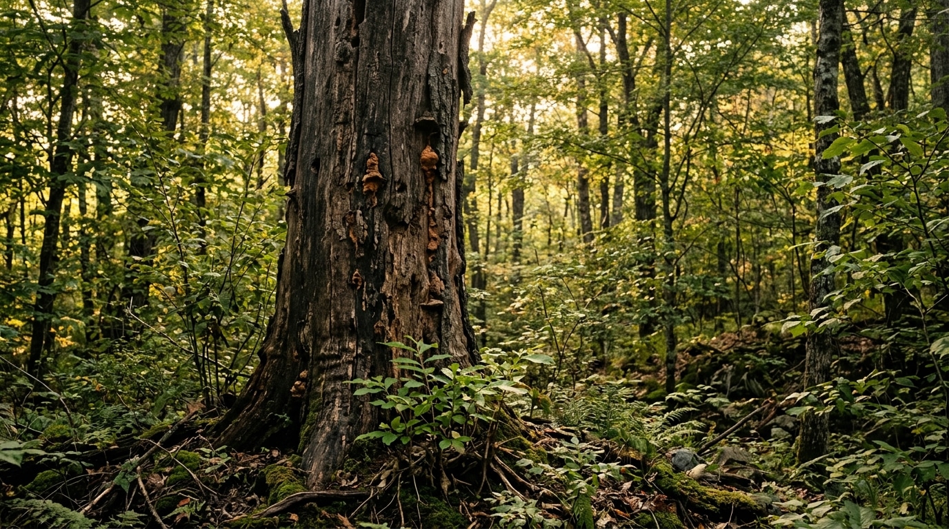 Tronc mort de châtaignier avec chancres visibles en forêt