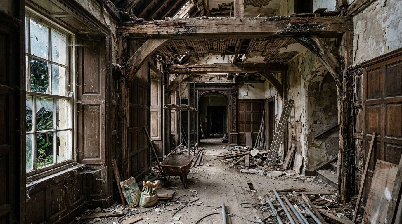 Boiseries d'un château rongées par la mérule lors de travaux abandonnés