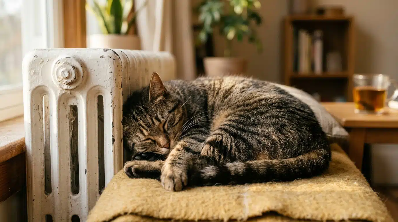 Chat endormi collé contre un radiateur chaud