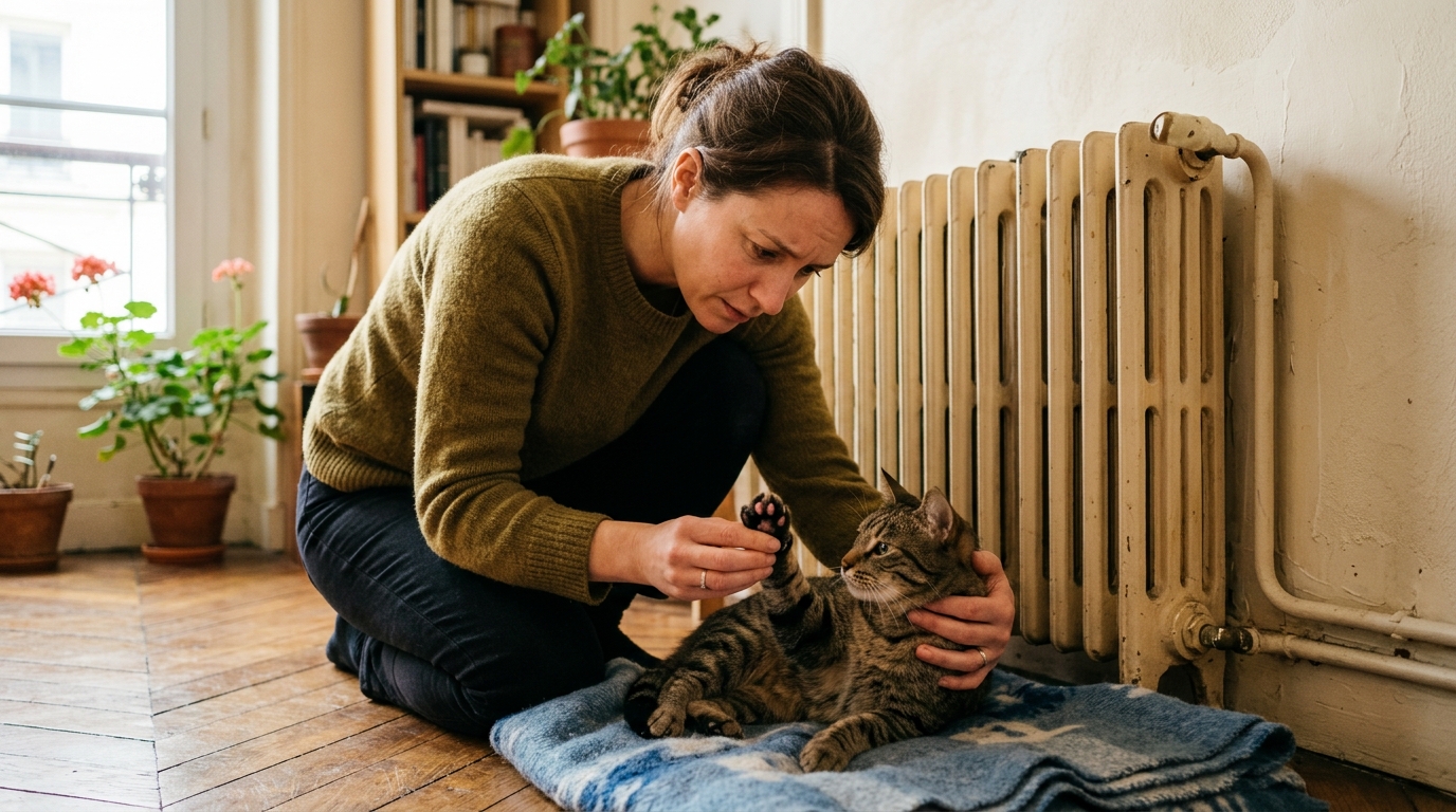 Femme vérifiant les coussinets de son chat près du radiateur