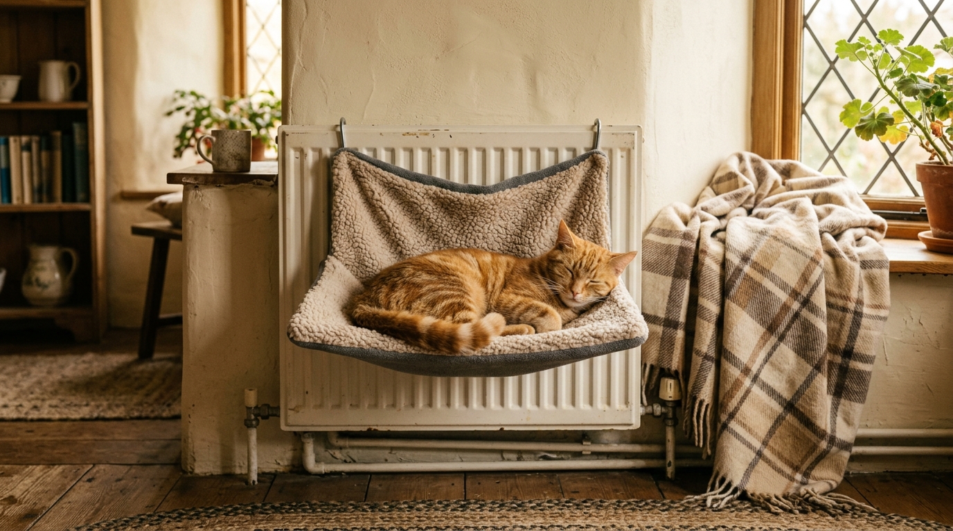 Chat installé dans un hamac de radiateur sécurisé