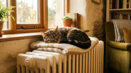 Chat endormi paisiblement contre un radiateur éteint