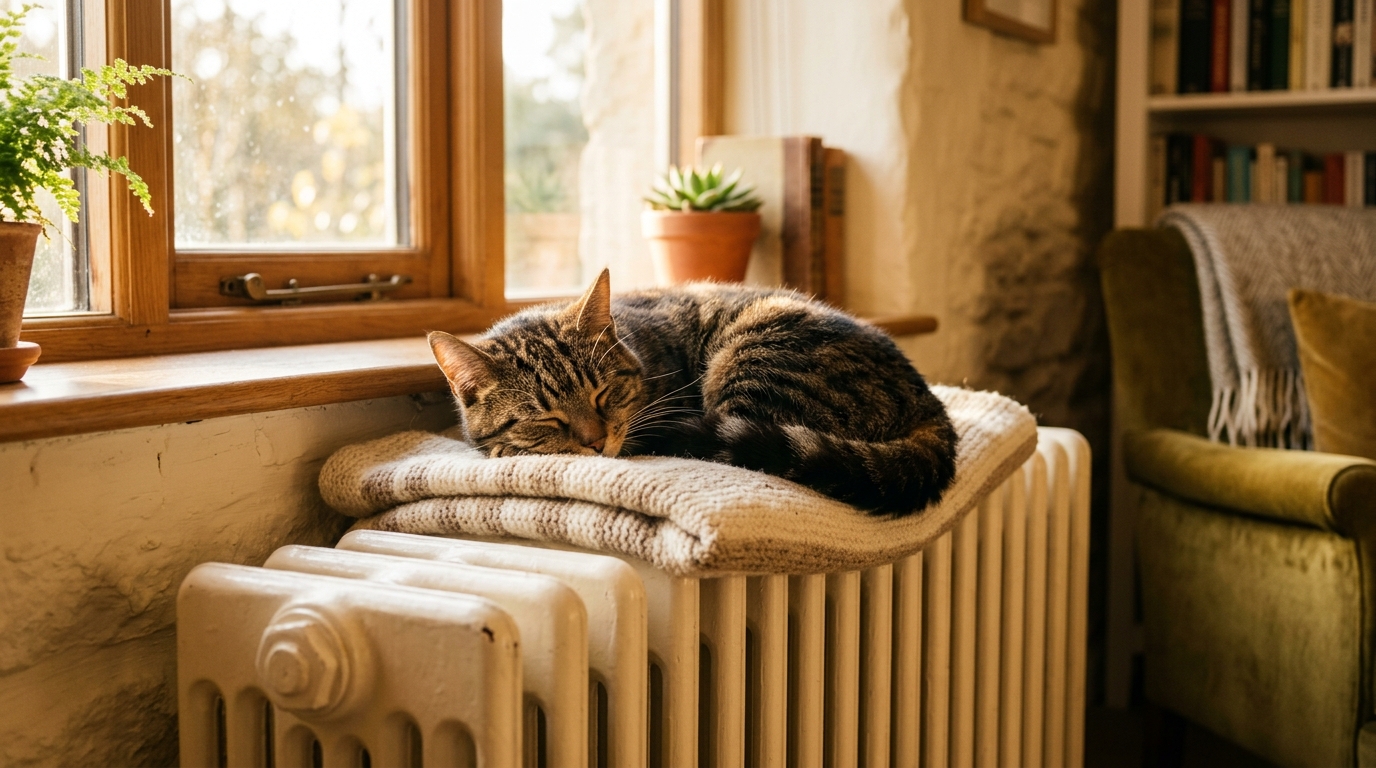 Chat endormi paisiblement contre un radiateur éteint
