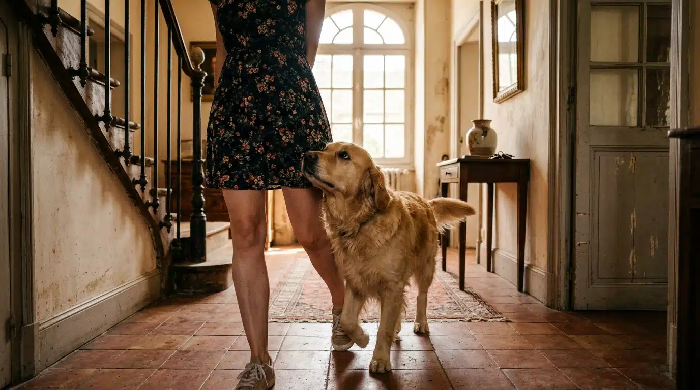Chien collé aux jambes de sa maîtresse dans un couloir