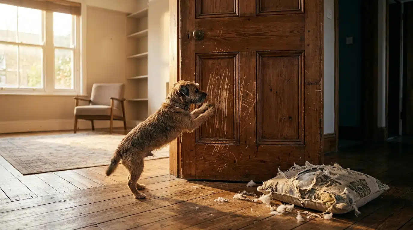 Chien griffant une porte avec coussin déchiré au sol