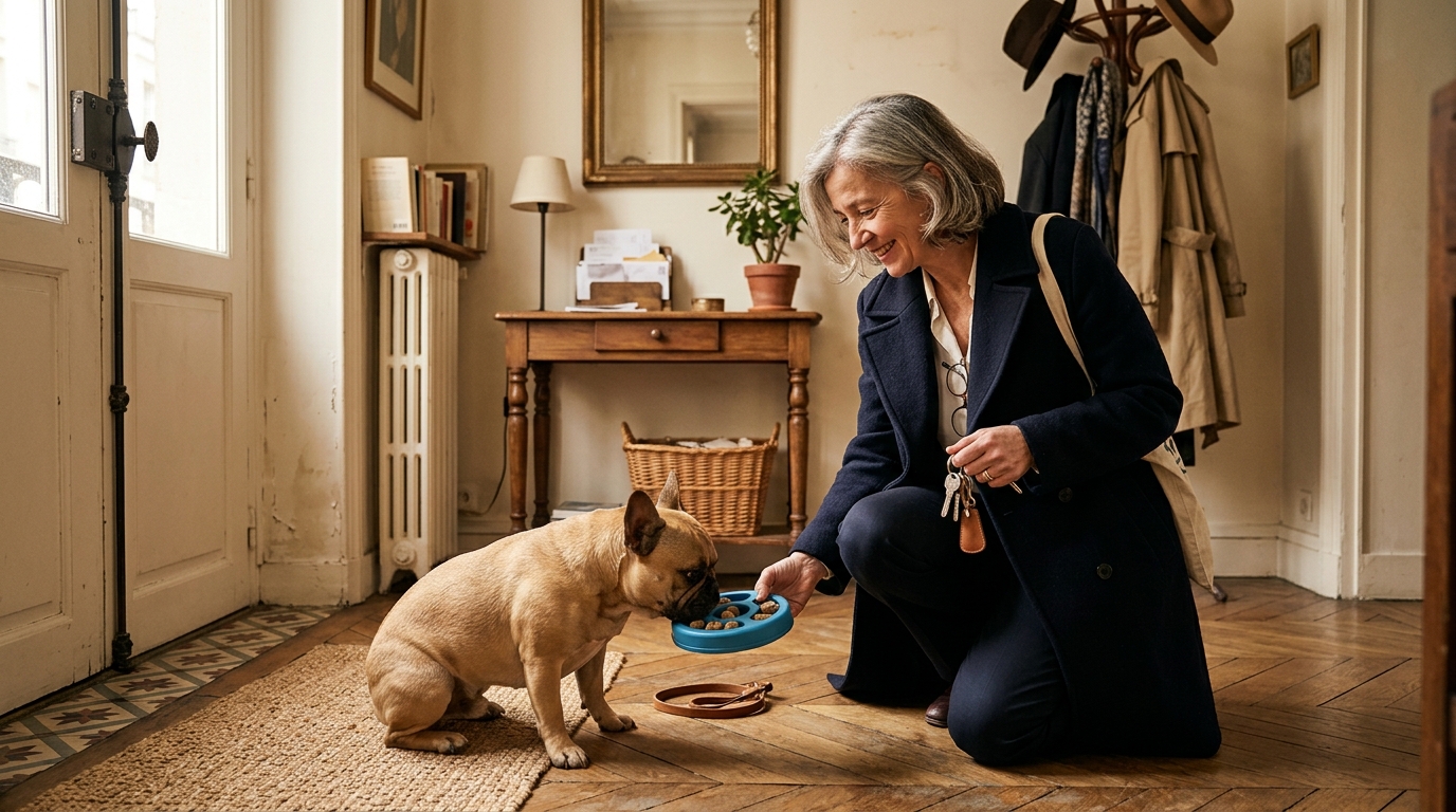 Femme donnant un jouet occupant à son chien avant de partir