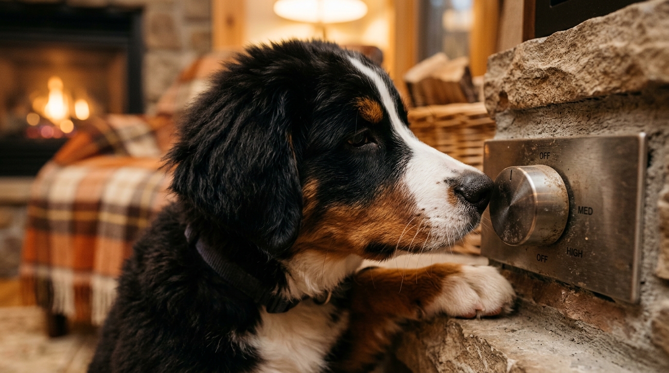 Museau d'un chiot appuyant sur un bouton de cheminée