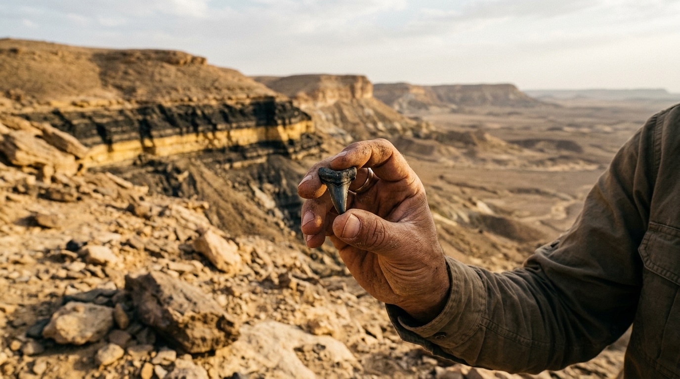 Dents de requins fossilisées dans le sable du désert