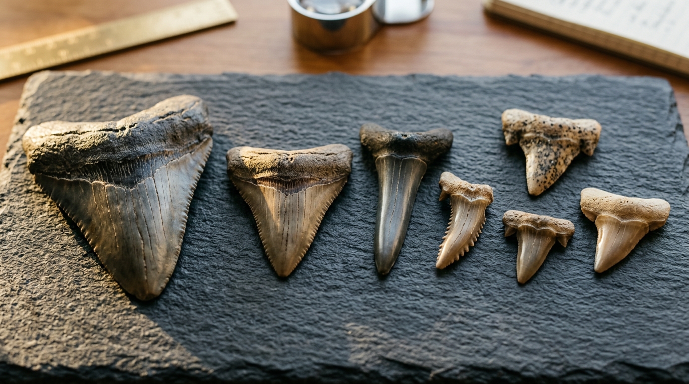 Fossiles de dents de requins alignés sur pierre