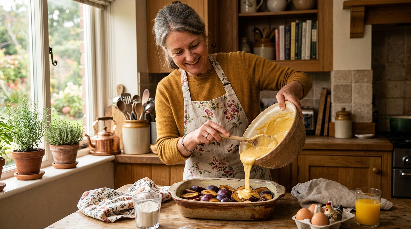 Femme versant la pâte à clafoutis sur des prunes