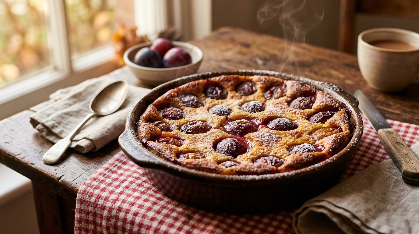 Clafoutis aux prunes doré sortant du four