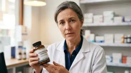 Pharmacienne tenant un flacon de magnésium en gélules