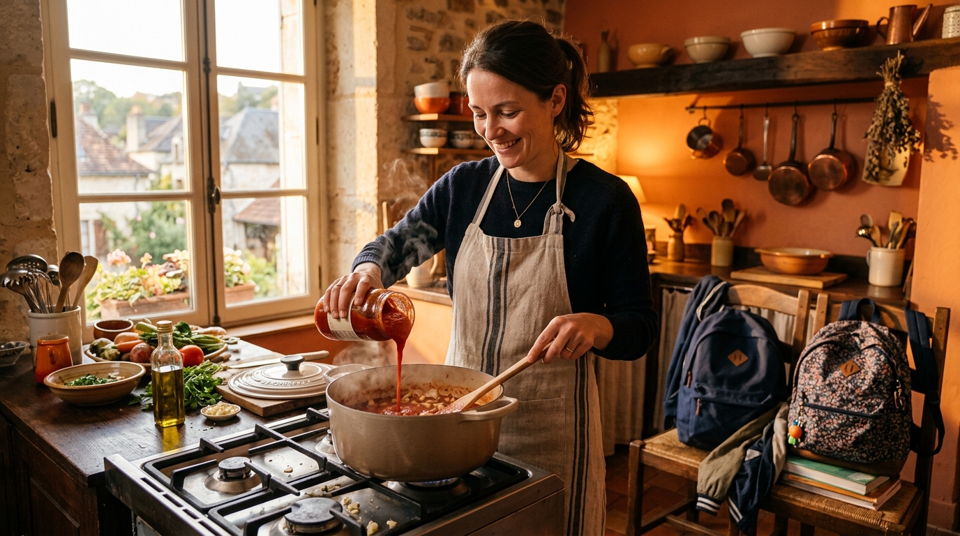Femme versant du coulis de tomate dans une poêle