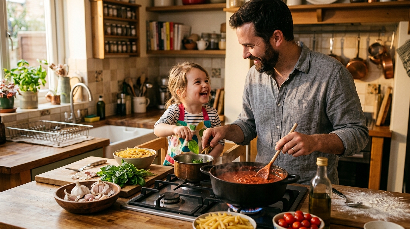 Père et enfant cuisinant des pâtes à la tomate