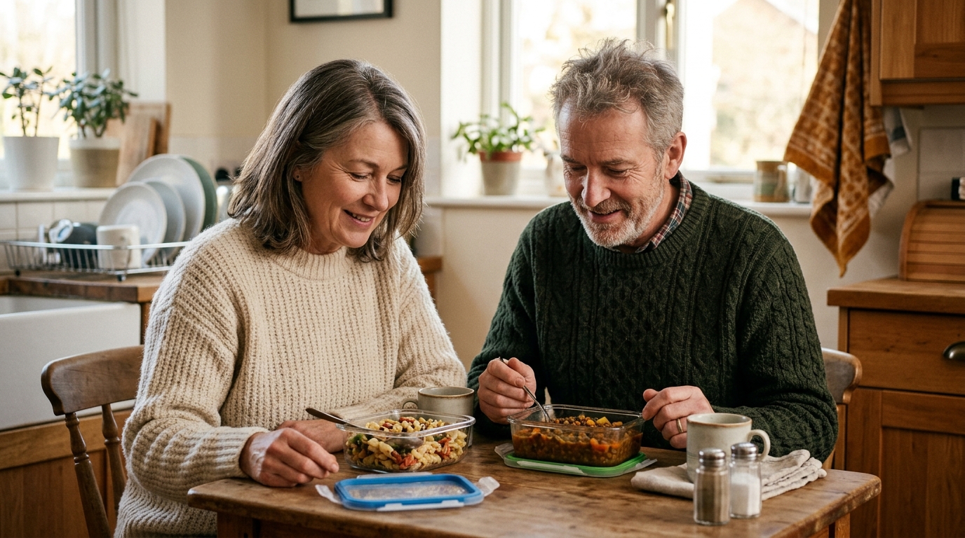 Couple souriant partageant un repas fait maison à table
